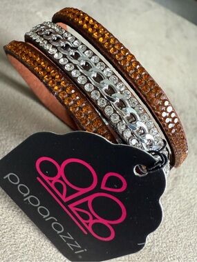 paparazzi Amber and Silver Rhinestone Chain Wrap Bracelet
